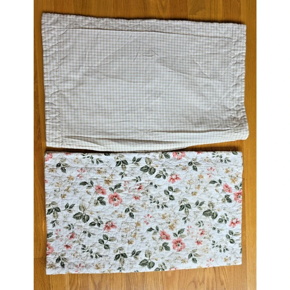 Laura Ashley VTG Quilted Shams Pink Yellow Green Gingham Floral Cottage Set